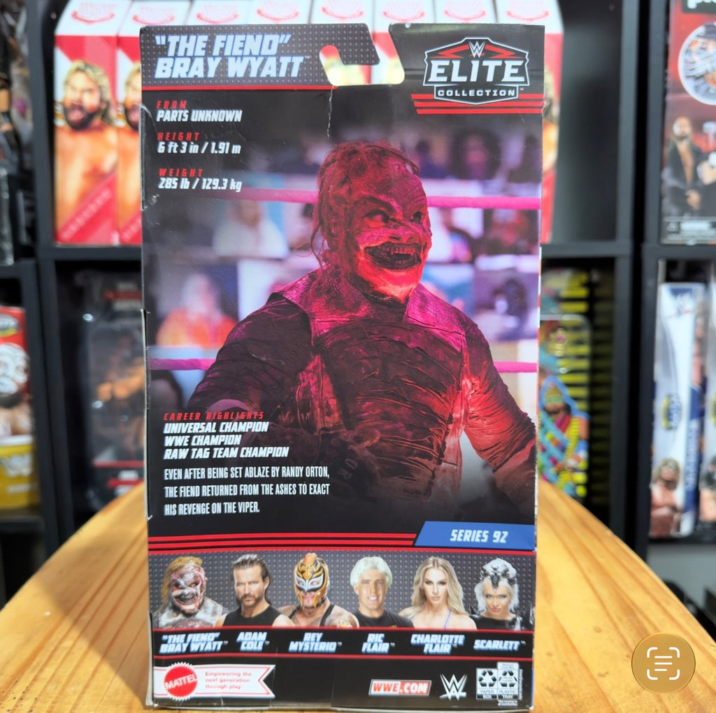 WWE Elite Series 92 action figure box back with Fiend portrait and character stats