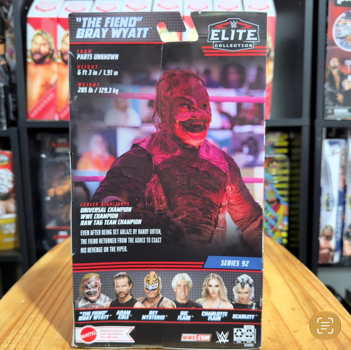 WWE Elite Series 92 action figure box back with Fiend portrait and character stats