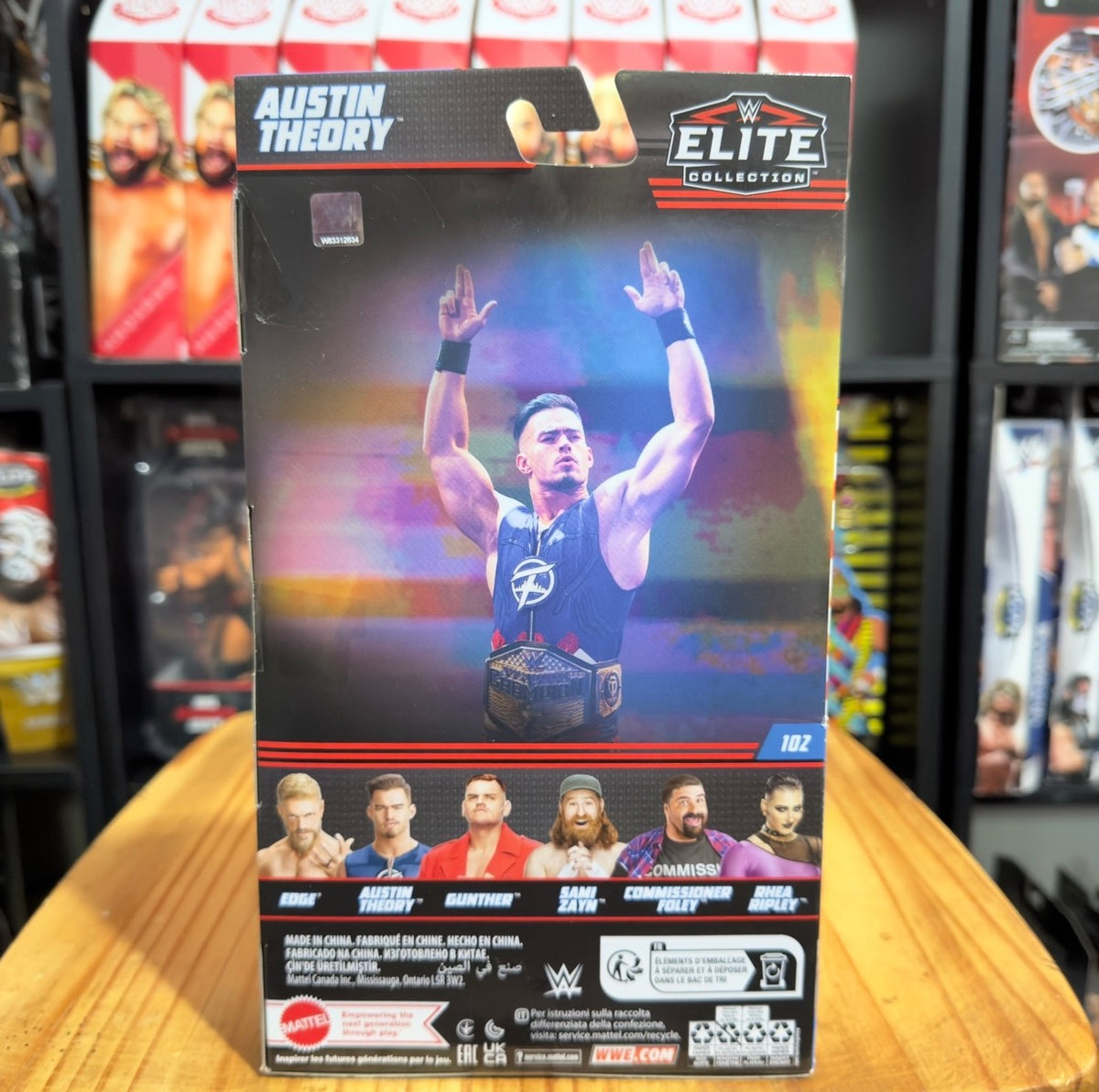 Austin Theory Elite Series 102 box back with wrestler graphic and product info