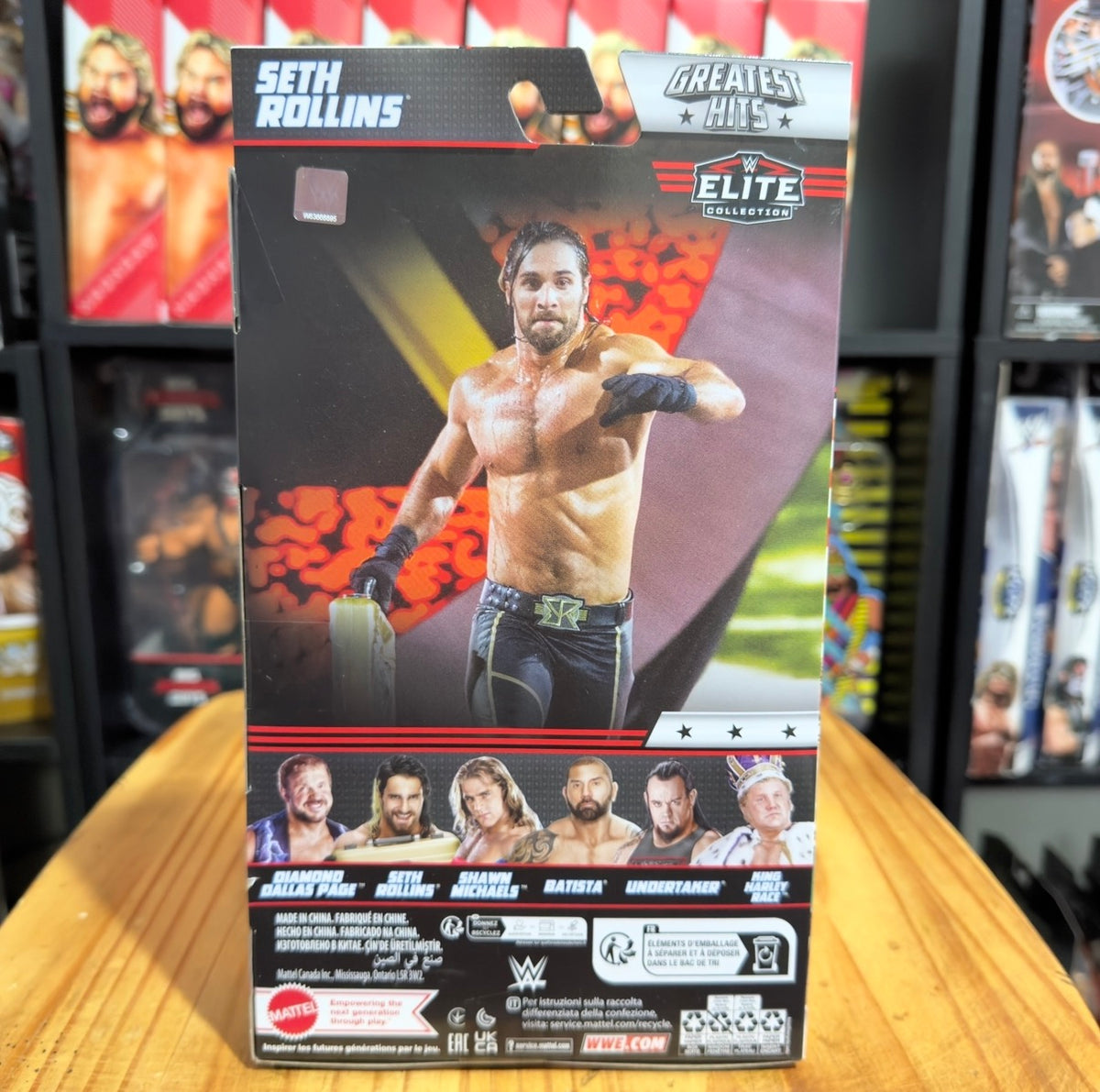 WWE Elite action figure box back with wrestler artwork and product details