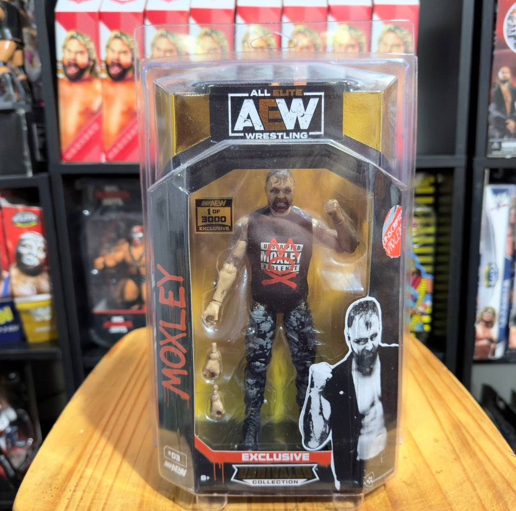 Jon Moxley AEW action figure in clear blister box with red EXCLUSIVE badge