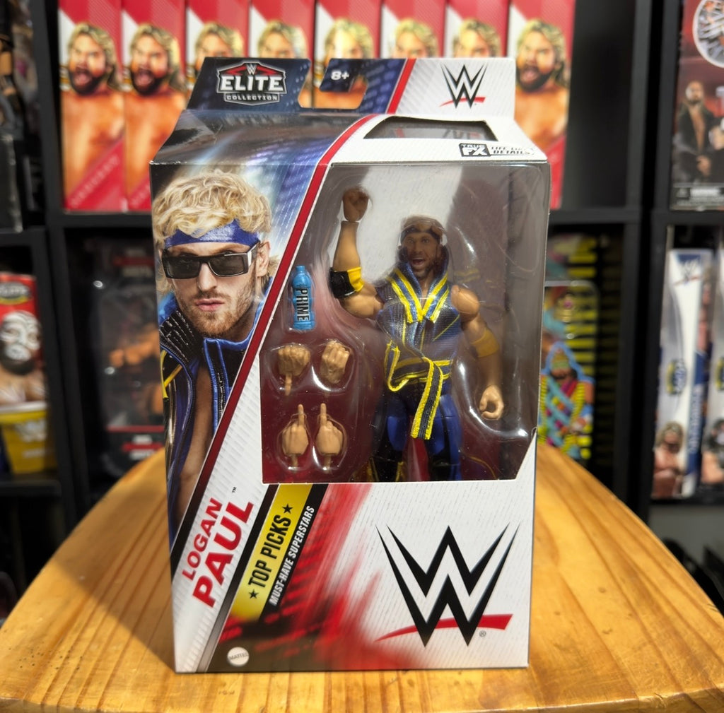 WWE Elite Top Picks Logan Paul action figure in retail box with accessories window