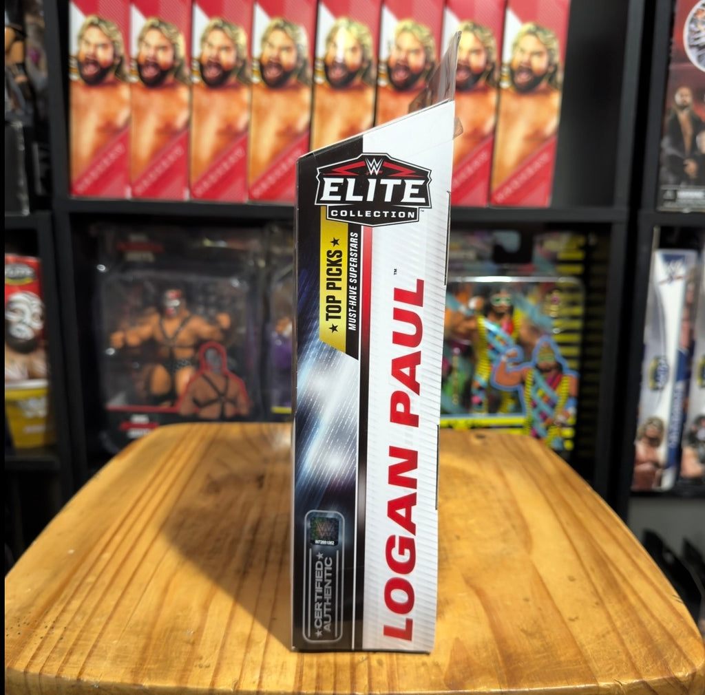 WWE Elite Collection Logan Paul action figure box side panel with Elite logo