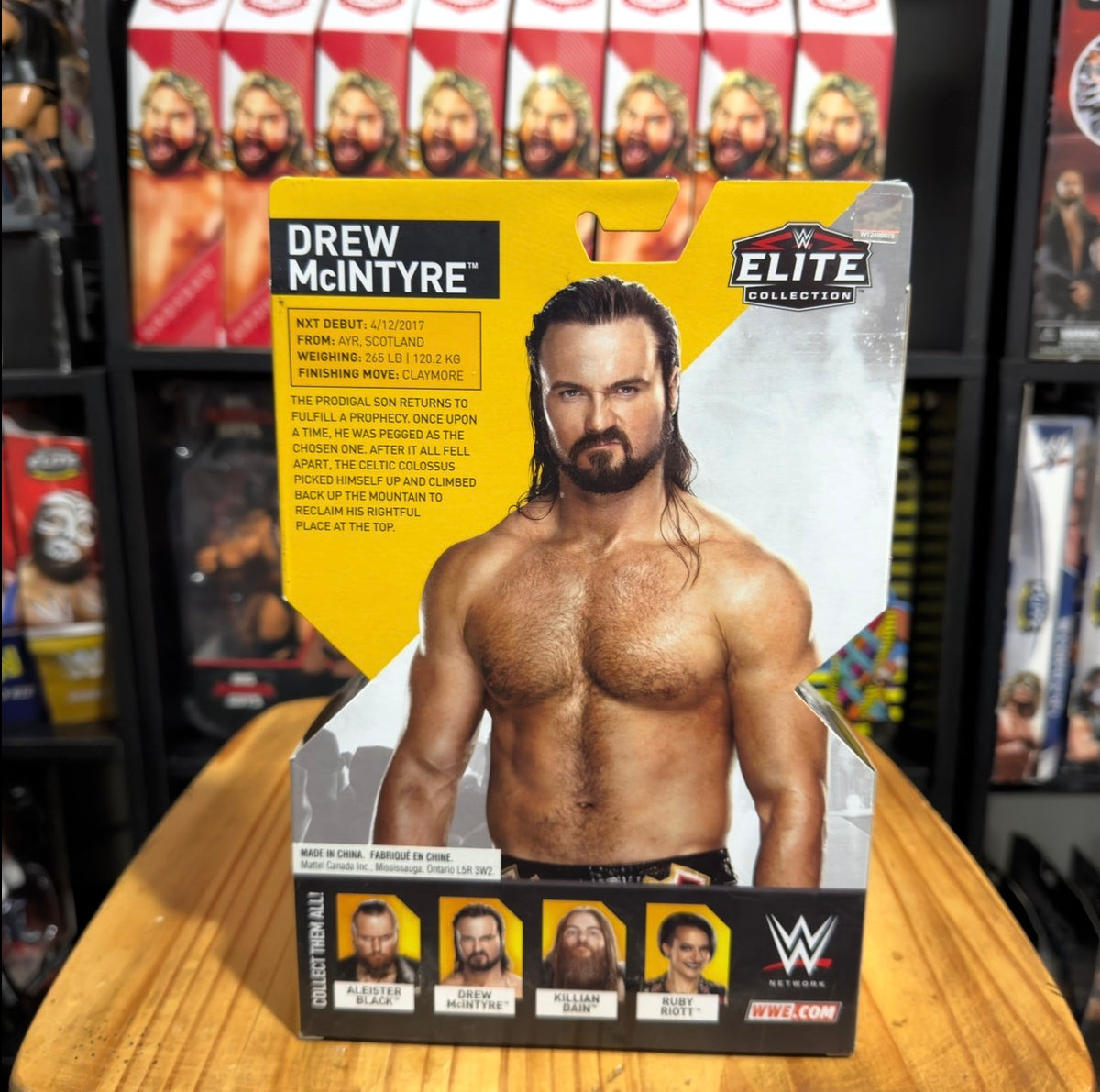 Drew McIntyre Elite action figure box back with wrestler photo and info panel