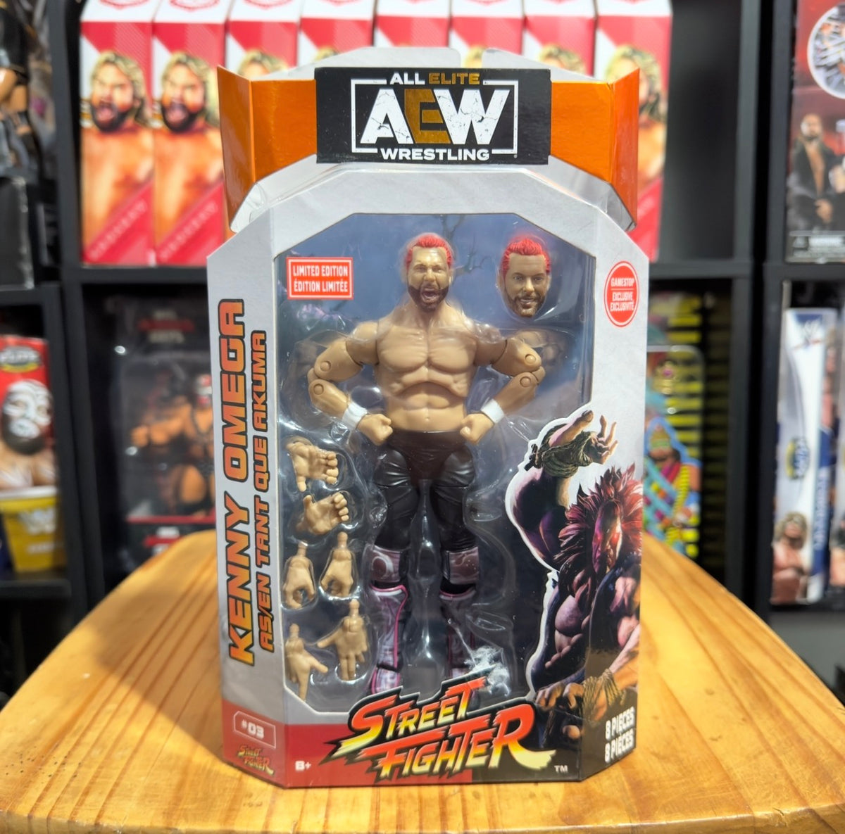Kenny Omega AEW Unrivaled Collection action figure box with Street Fighter artwork