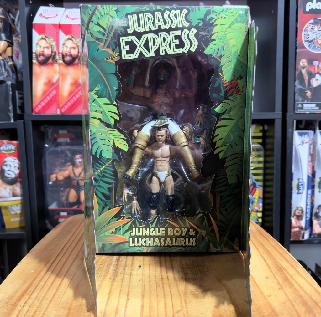 Jurassic Express collectible box with window showing Jungle Boy & Luchasaurus figure.