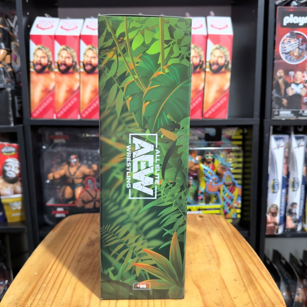 Green foliage Jurassic Express collectible box with AEW Wrestling logo at bottom.