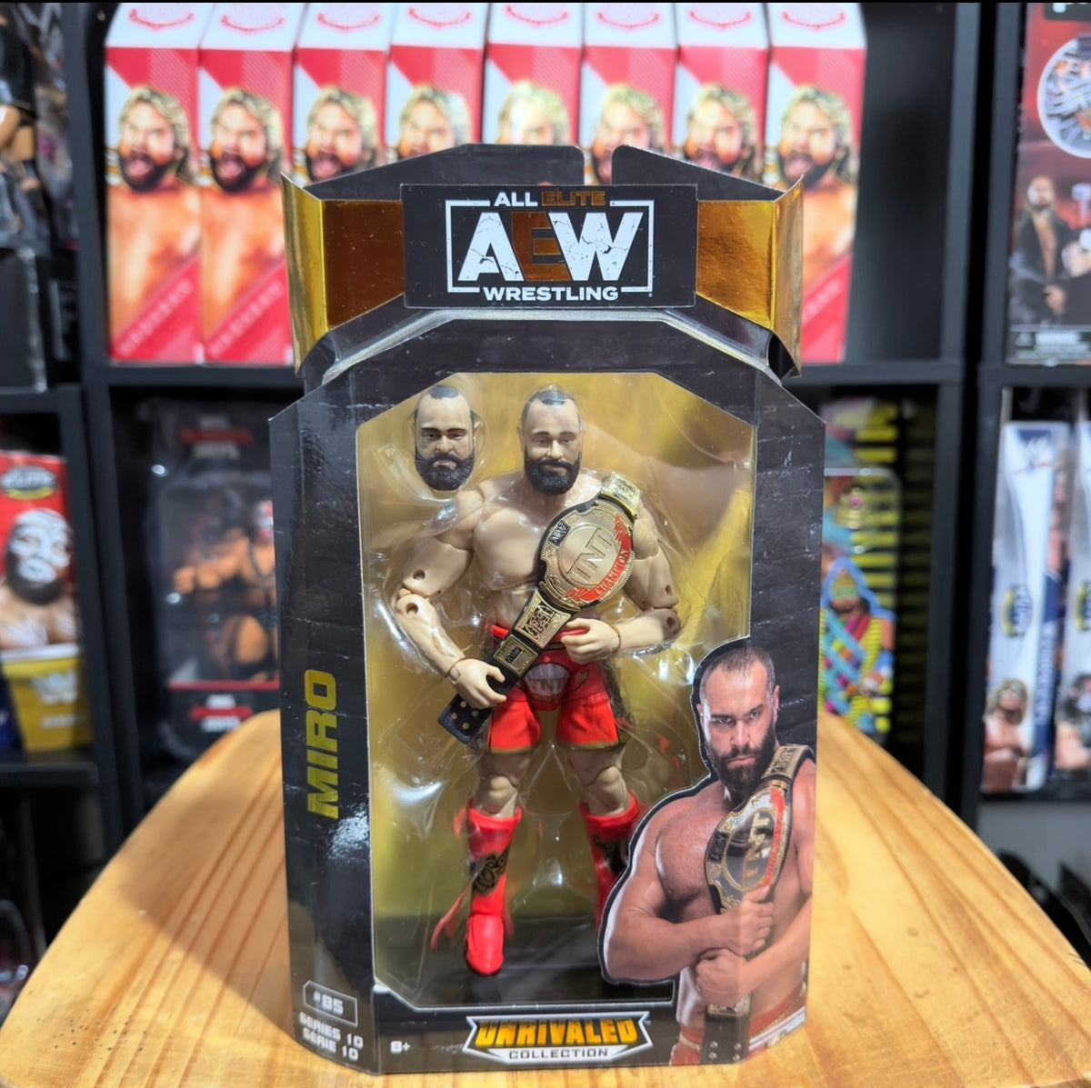 Boxed AEW wrestling action figure set in window package with gold accents