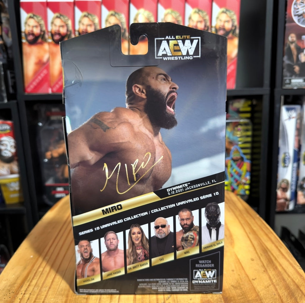 Boxed AEW wrestling action figure with Miro portrait and Unrivaled Series 10
