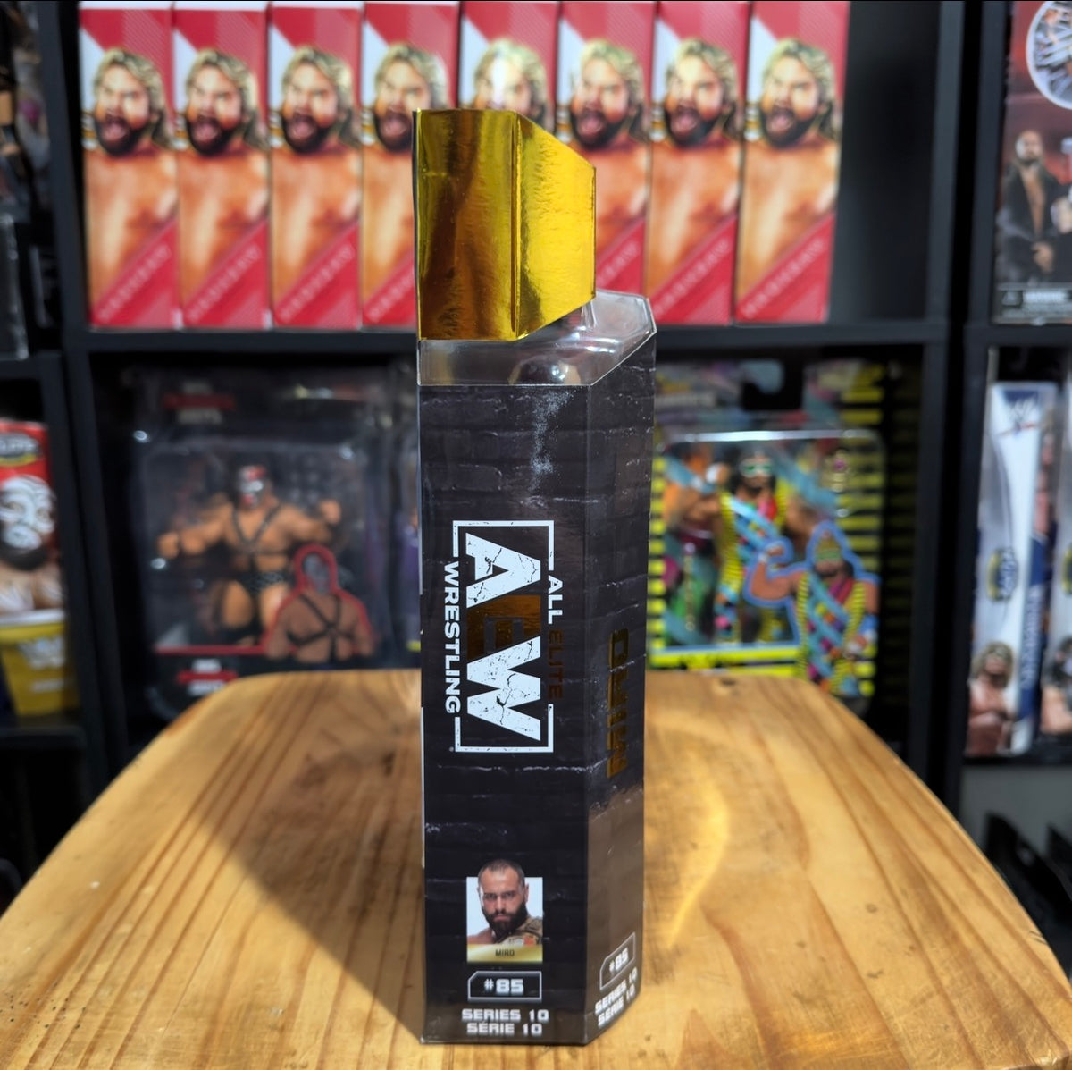 Boxed AEW wrestling action figure, gold foil top and side branding