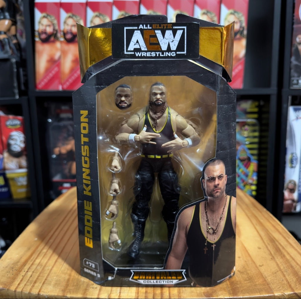 AEW Unrivaled boxed wrestling figure of Eddie Kingston in black and gold