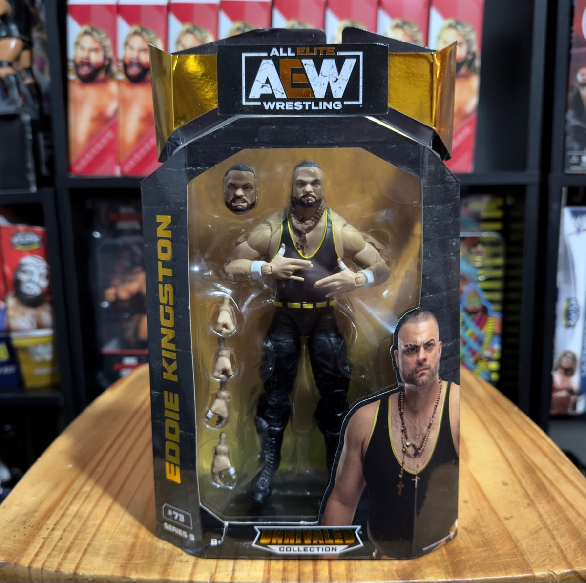 AEW Unrivaled boxed wrestling figure of Eddie Kingston in black and gold
