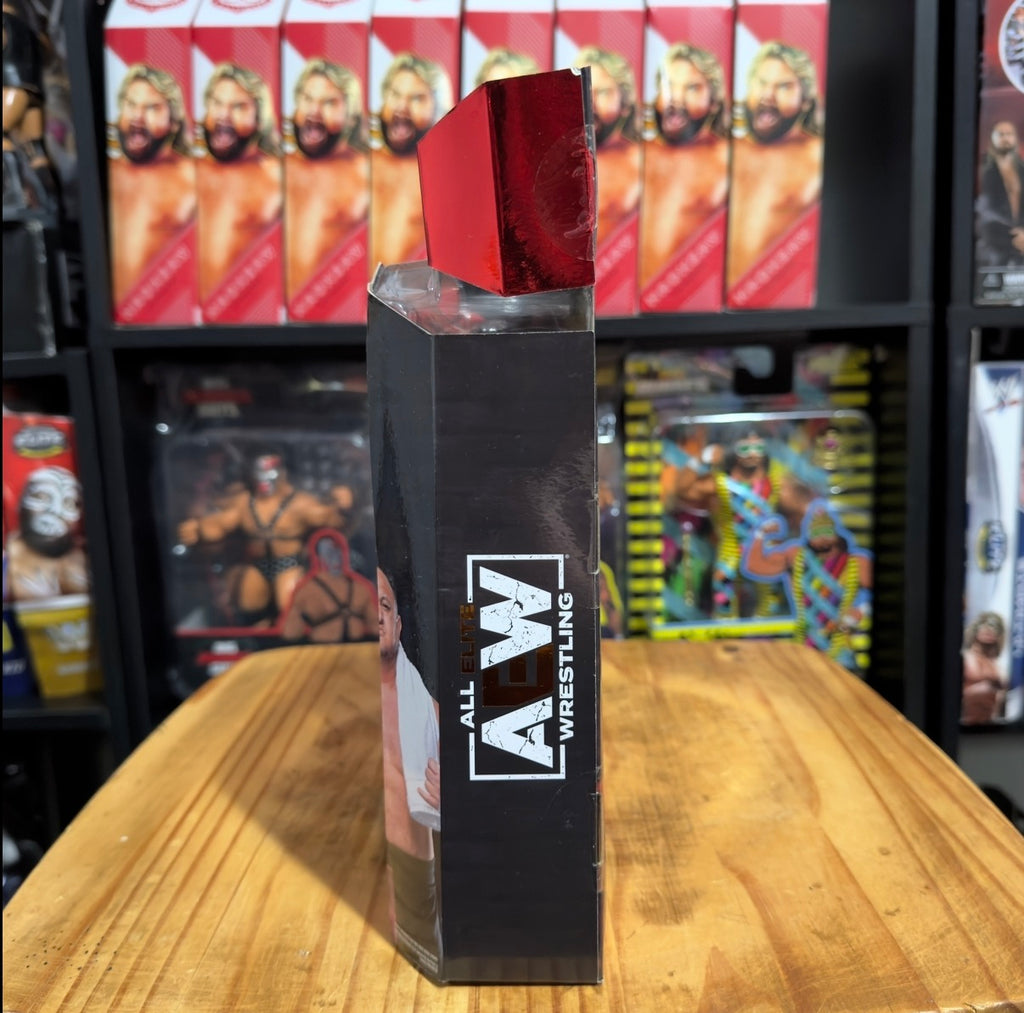 Wrestling action figure display box, black with red foil top and side logo window