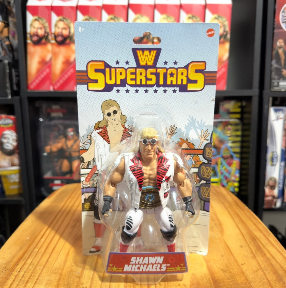 WWE Superstars Shawn Michaels action figure box, front with blister-packed wrestler