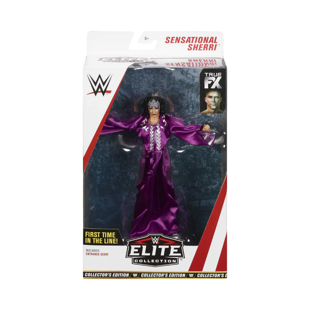WWE Elite wrestling action figure in purple robe, boxed packaging with W logo