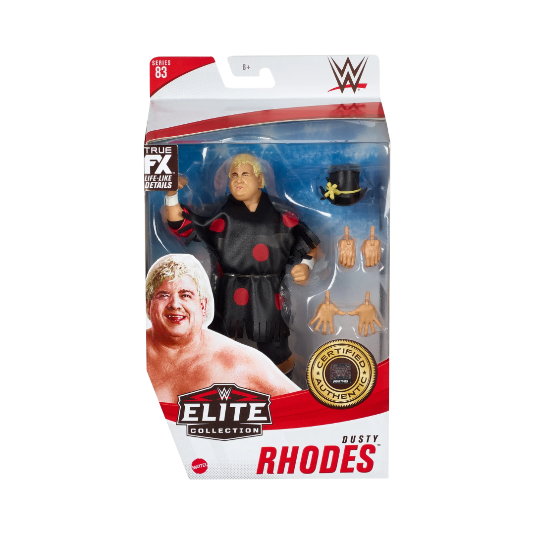 WWE Elite Collection action figure box with black jacket and red polka dots