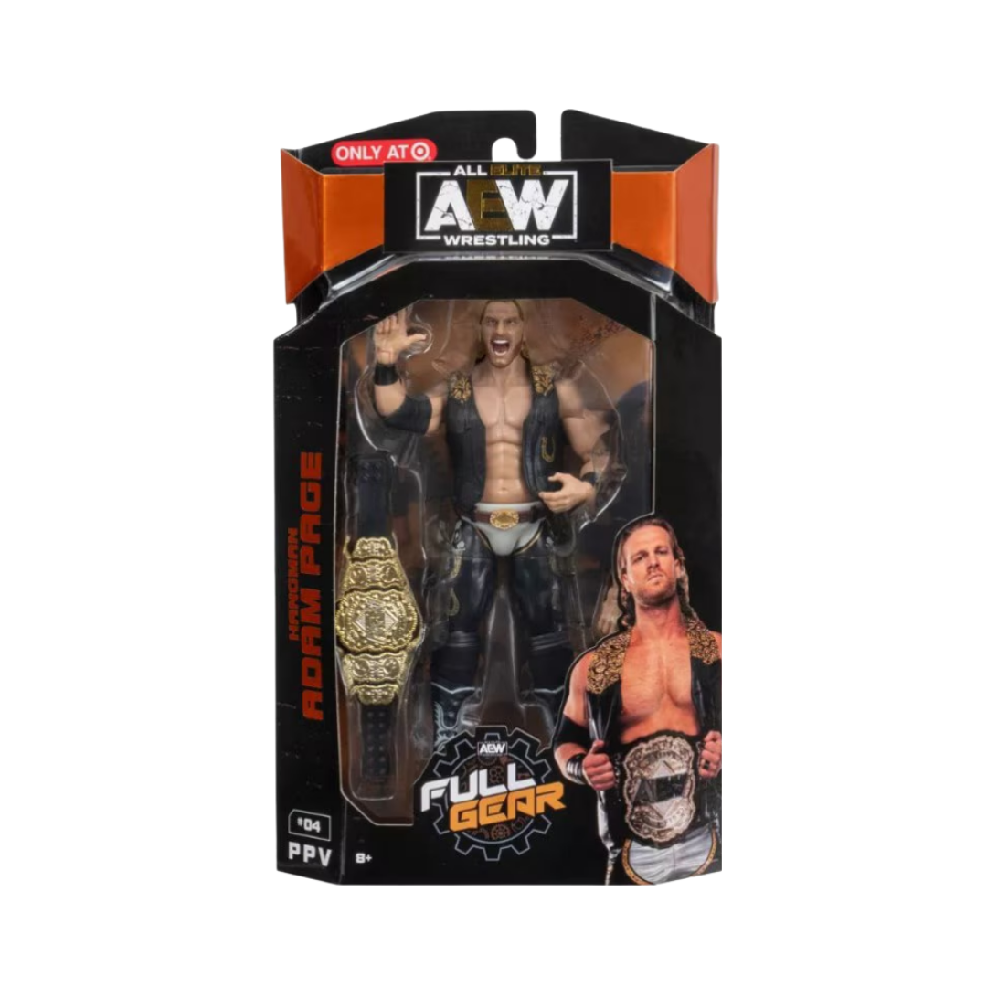 AEW wrestling action figure in retail box with Full Gear design and belt accessory