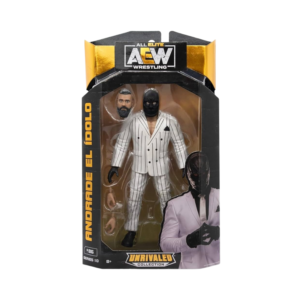 AEW Unrivaled wrestling action figure in box, white pinstripe suit with face mask