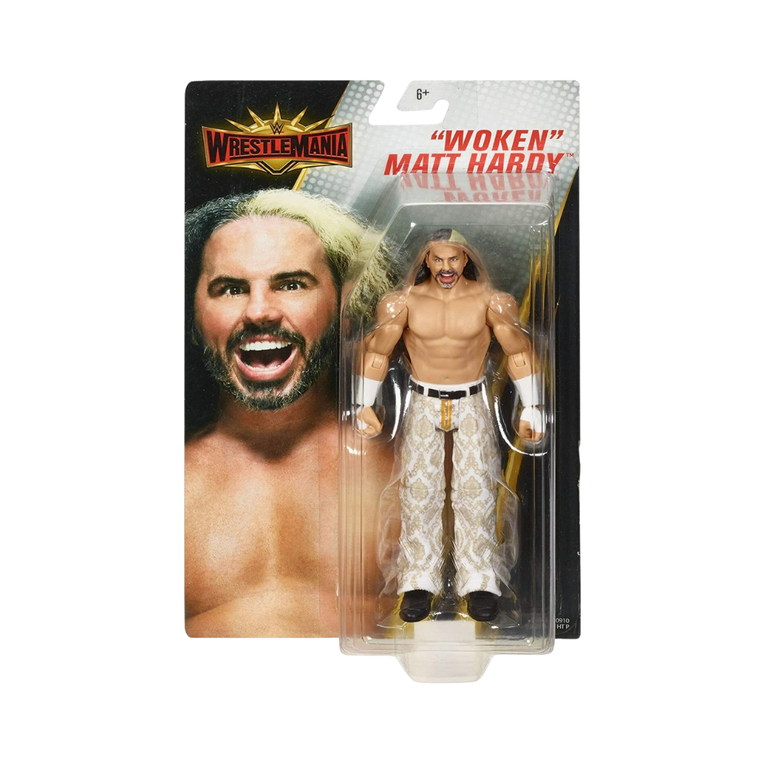 Woken Matt Hardy wrestling action figure in clear blister box, shirtless with blonde hair