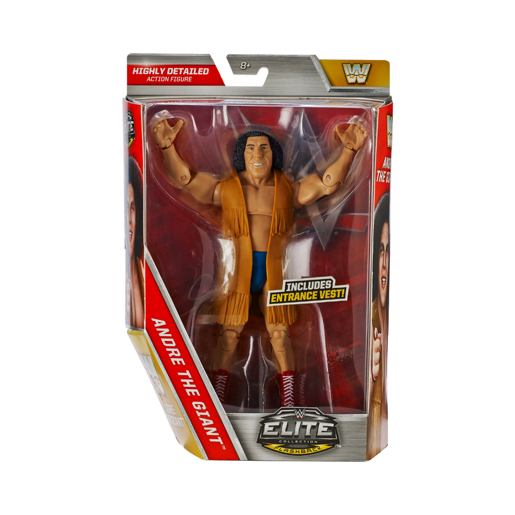 WWE Elite Andre the Giant action figure in retail box, yellow outfit, raised fists