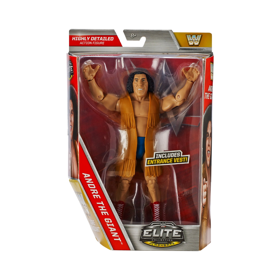 WWE Elite Andre the Giant action figure in retail box, yellow outfit, raised fists