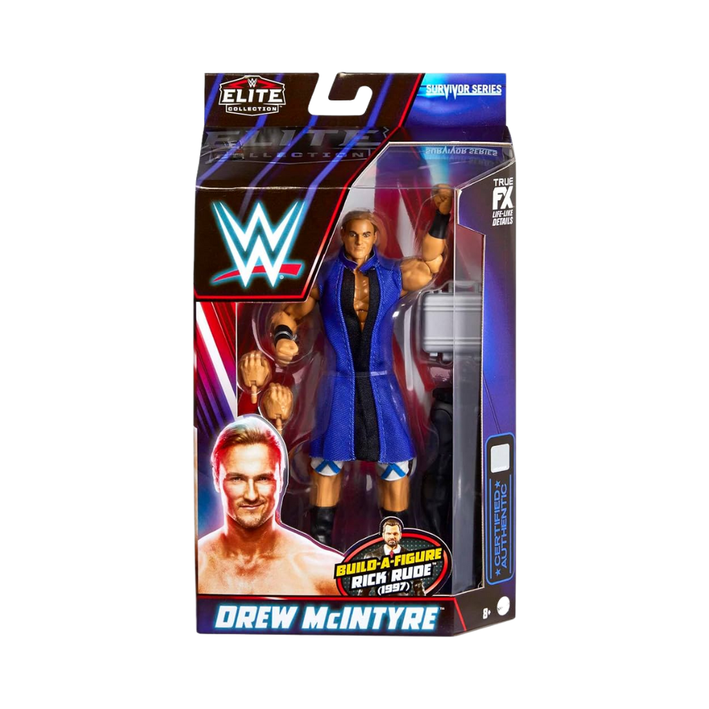 WWE Elite action figure of Drew McIntyre in blue jacket, packaged in retail box