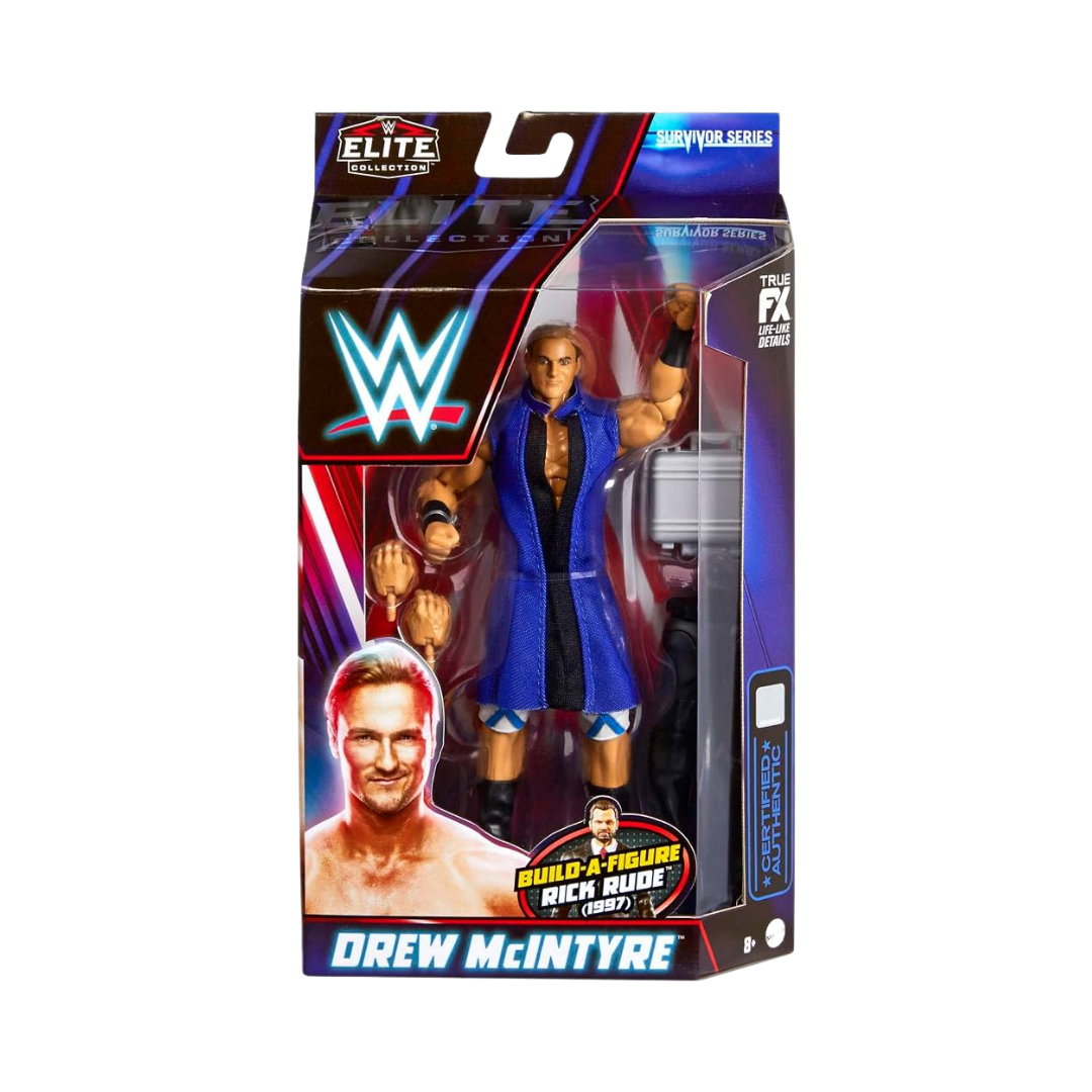 WWE Elite action figure of Drew McIntyre in blue jacket, packaged in retail box