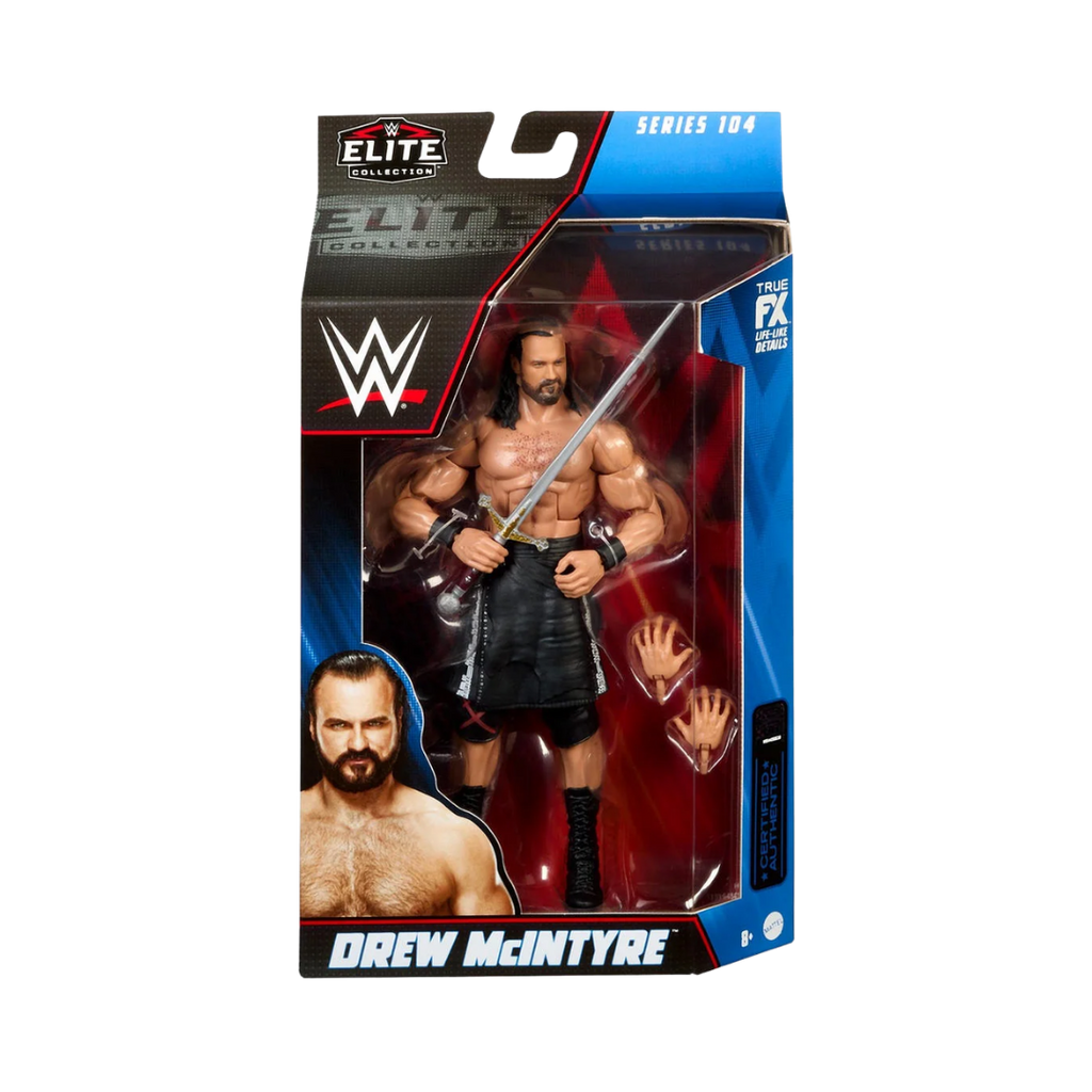Drew McIntyre WWE Elite action figure in retail box, holding sword, black boots
