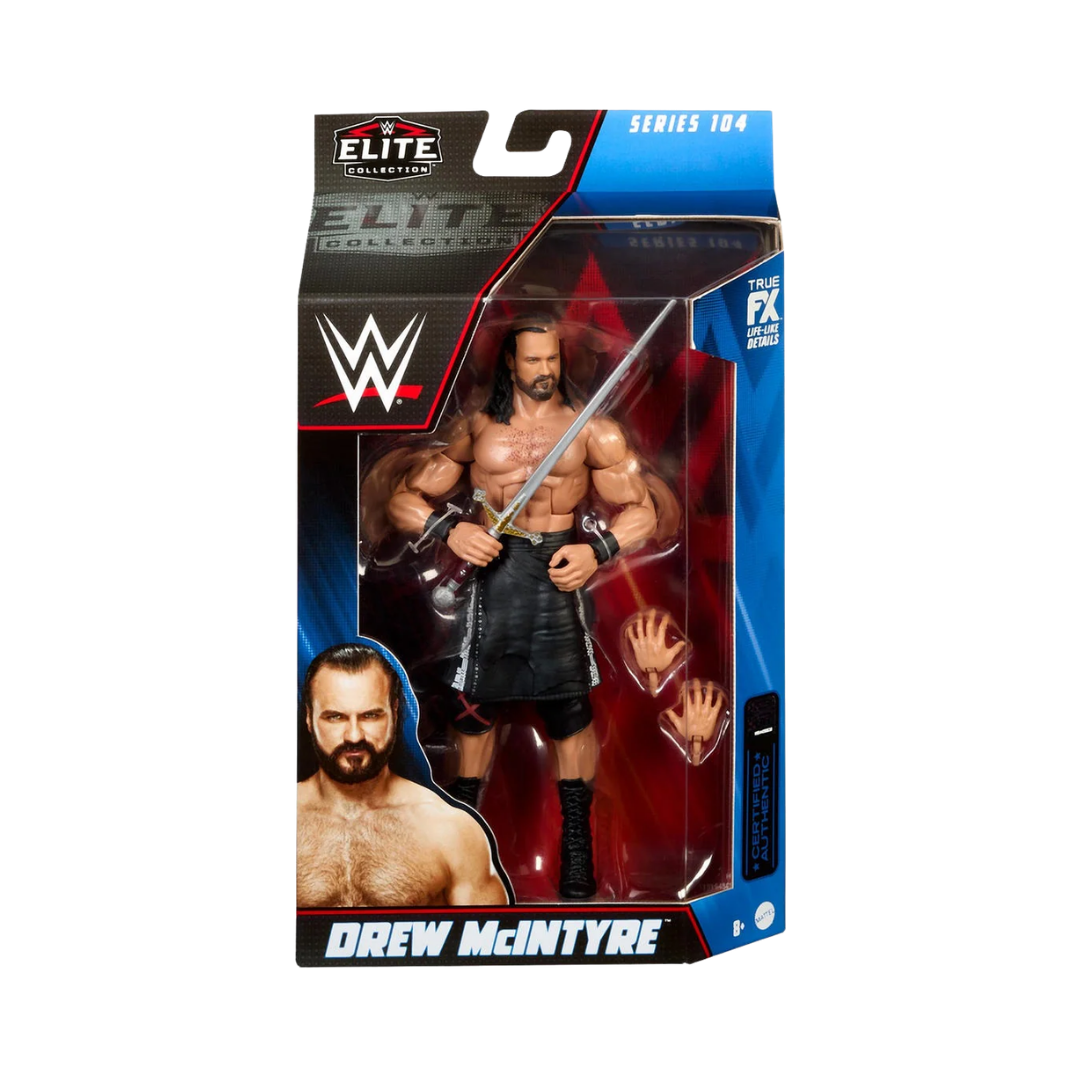 Drew McIntyre WWE Elite action figure in retail box, holding sword, black boots