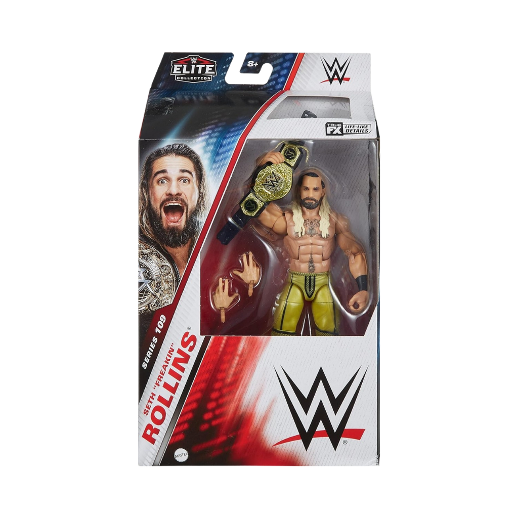 WWE wrestling action figure in yellow pants holding gold championship belt, in retail box