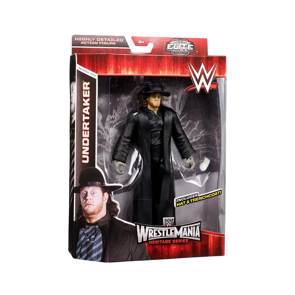 Undertaker action figure in black coat and hat, enclosed in WrestleMania box