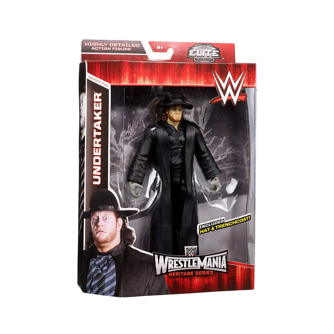 Undertaker action figure in black coat and hat, enclosed in WrestleMania box