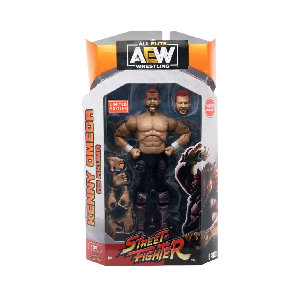 Kenny Omega AEW wrestling action figure in retail box packaging, Street Fighter style