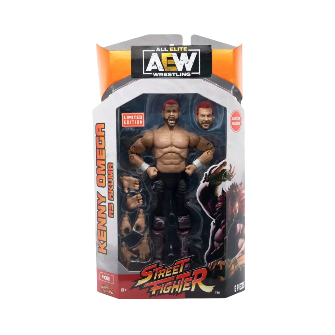 Kenny Omega AEW wrestling action figure in retail box packaging, Street Fighter style
