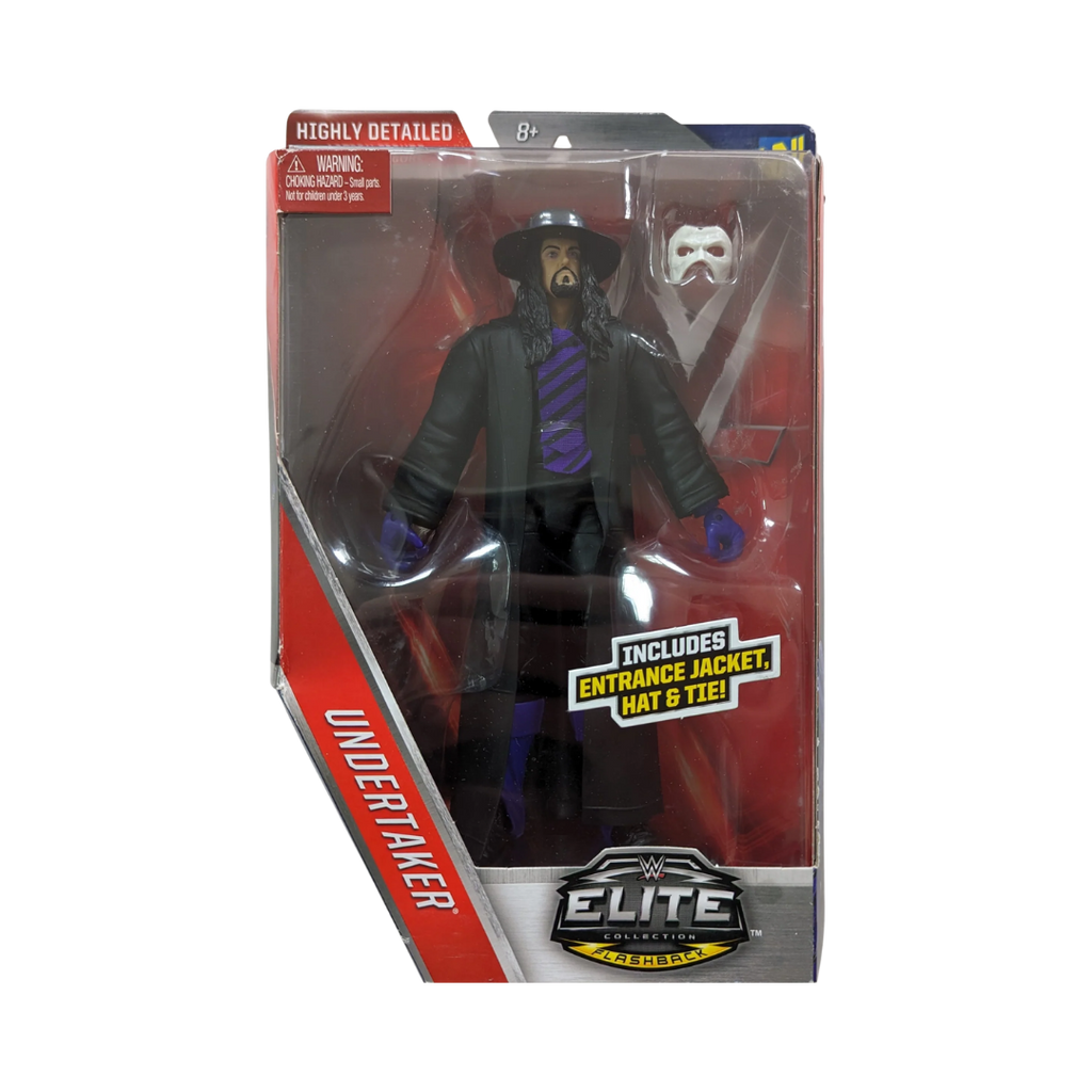 WWE Elite Undertaker boxed figure, black coat and hat, purple striped shirt