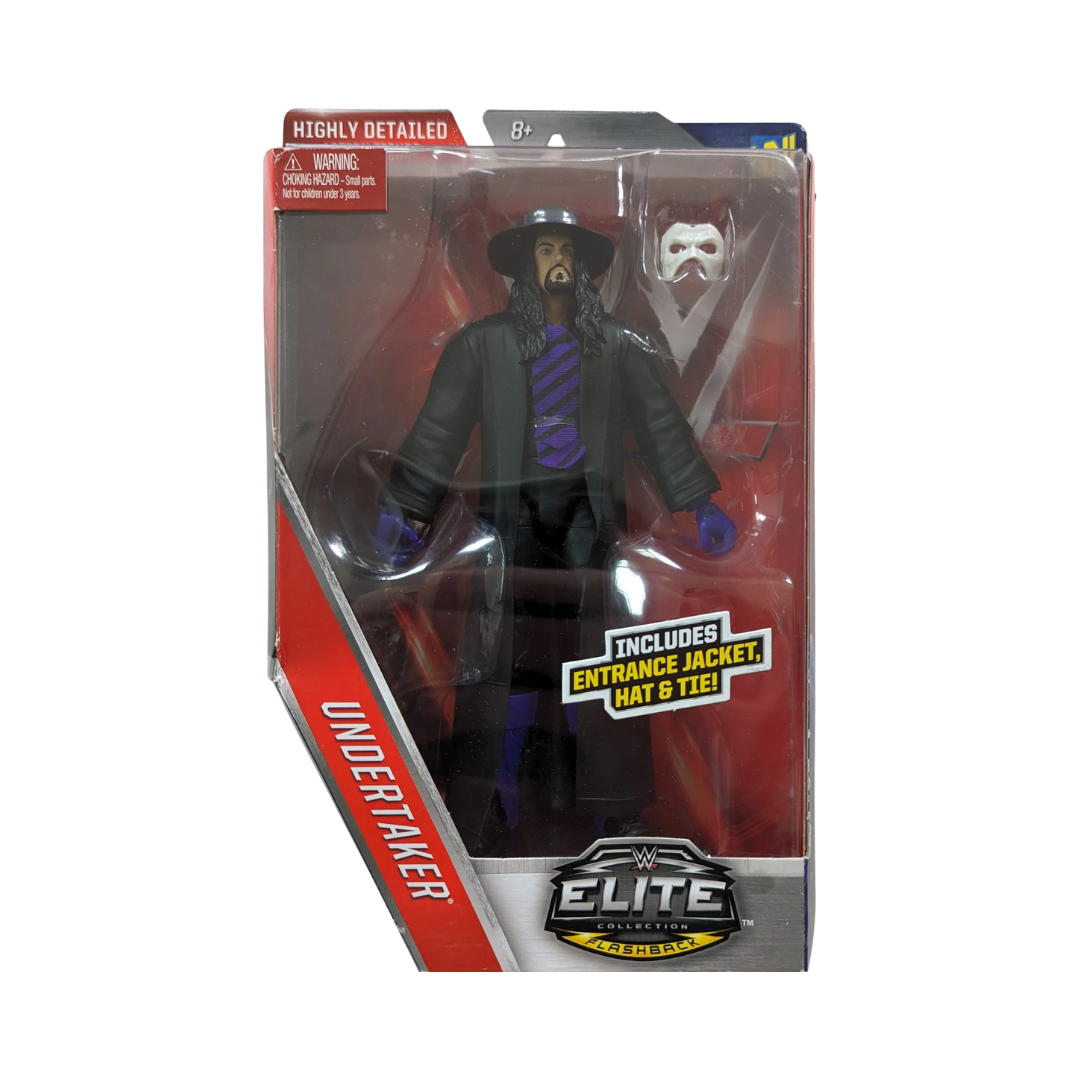 WWE Elite Undertaker boxed figure, black coat and hat, purple striped shirt