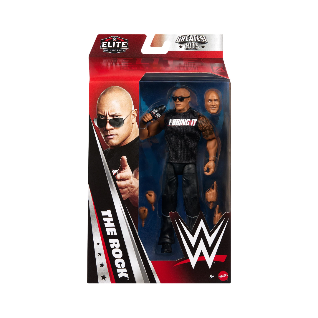 WWE The Rock Elite action figure in retail box with sunglasses and black outfit