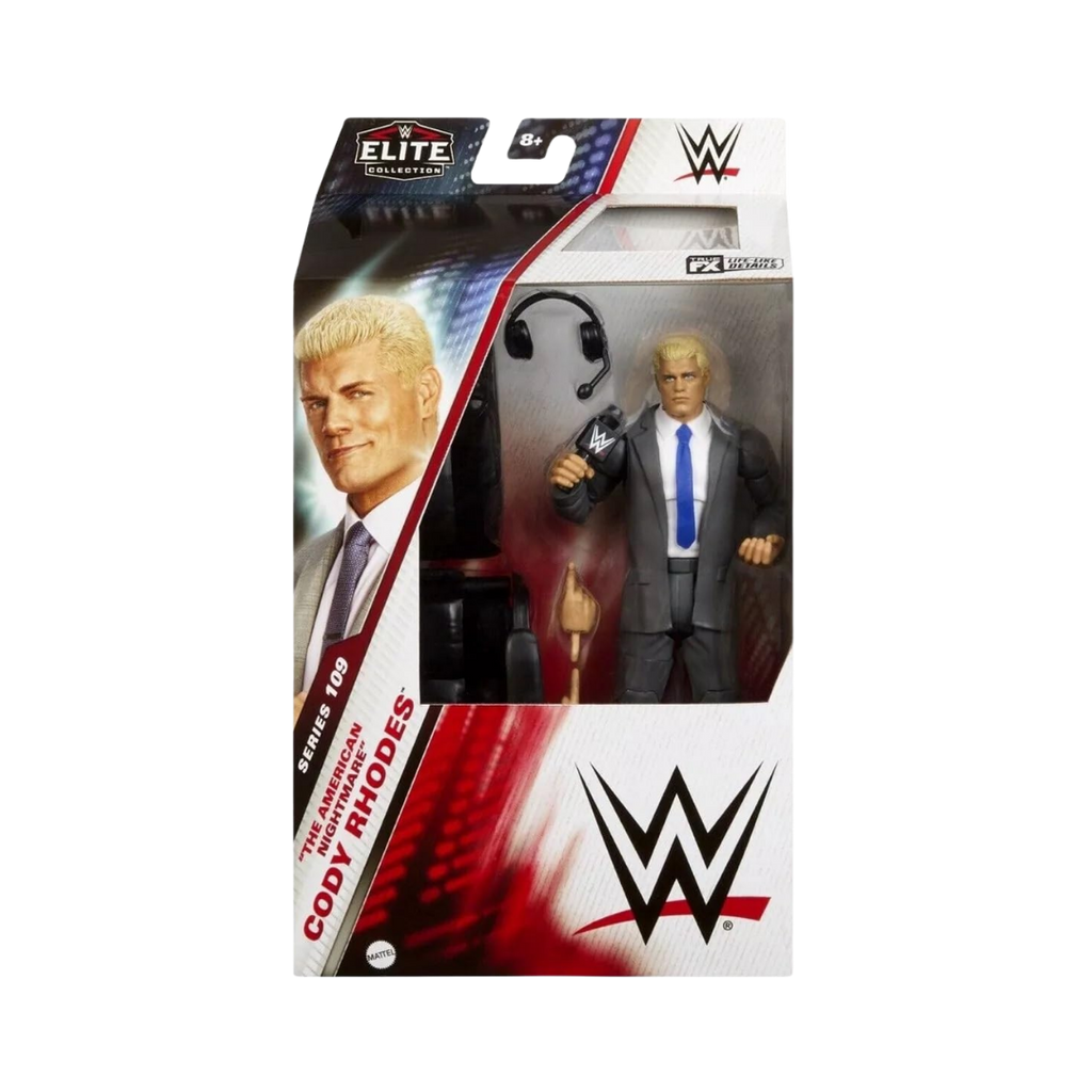 WWE Elite Cody Rhodes action figure in box; suit wrestler holding microphone.