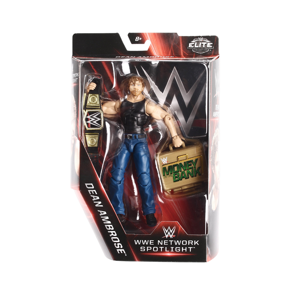 WWE Elite Dean Ambrose action figure in retail box, black sleeveless top and blue pants