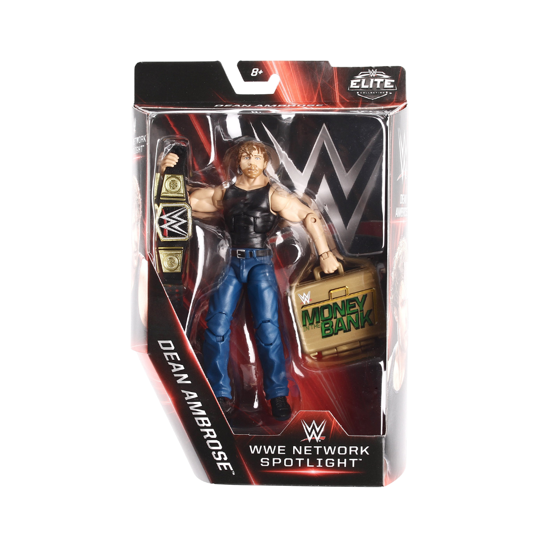 WWE Elite Dean Ambrose action figure in retail box, black sleeveless top and blue pants
