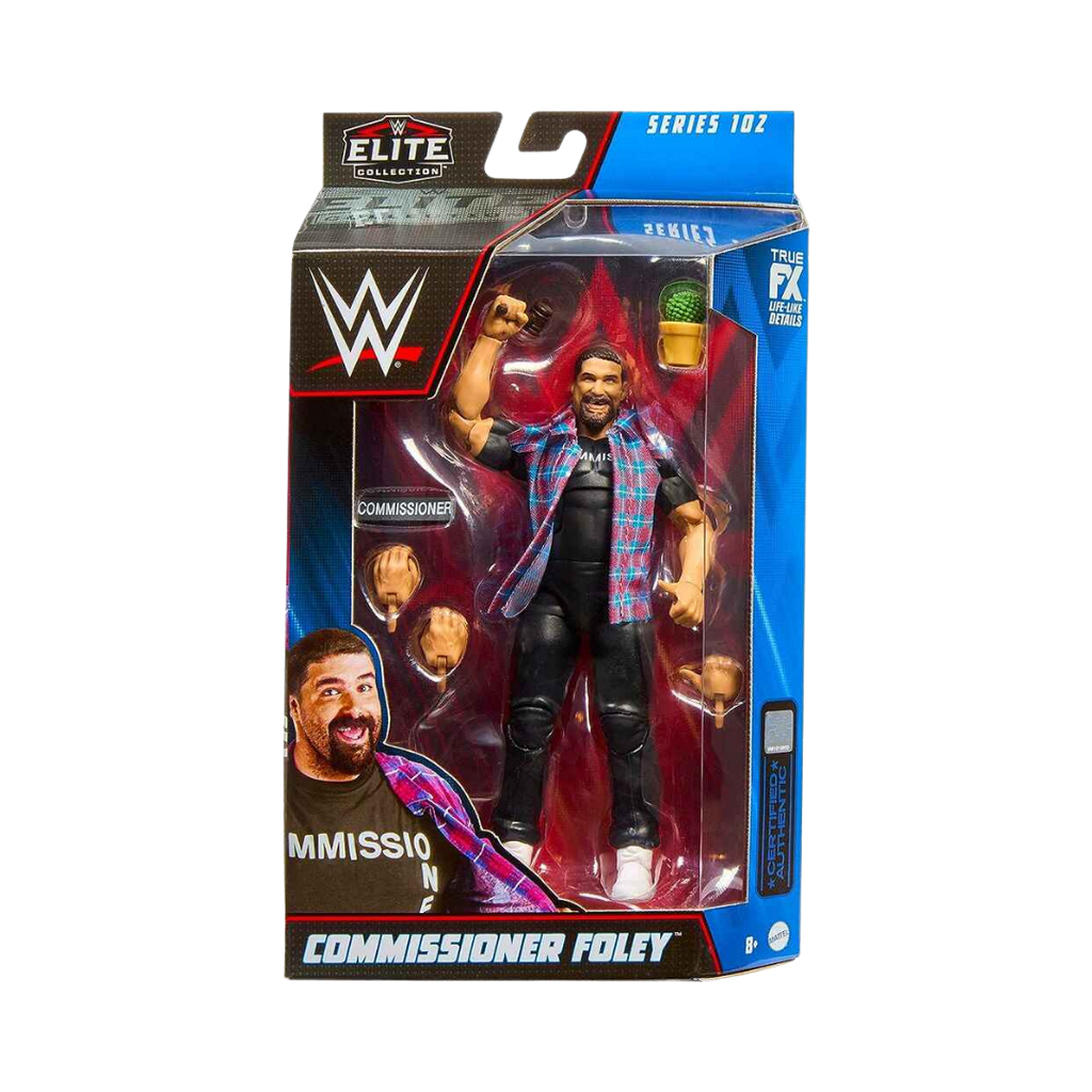WWE Elite Commissioner Foley action figure in blue retail box with collectible accessories