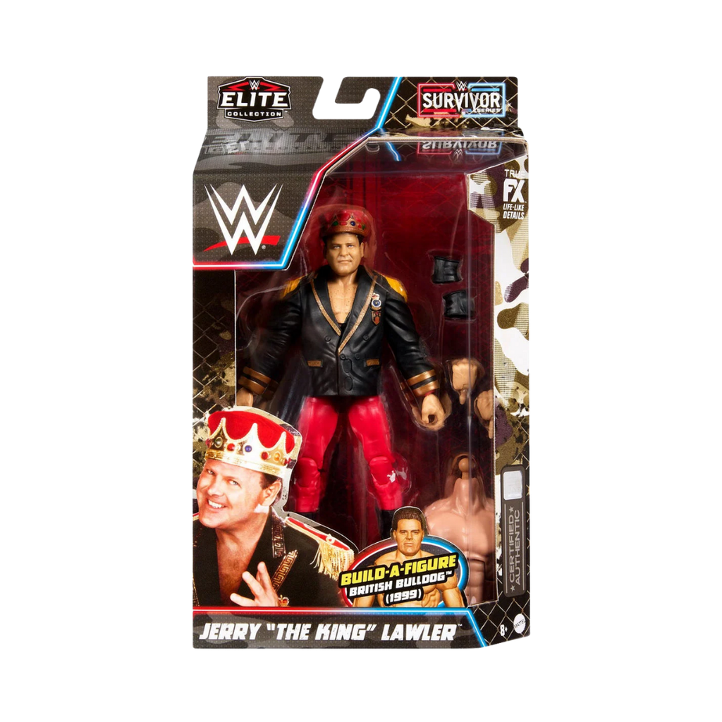 WWE Elite Survivor Series “The King” Lawler action figure, black jacket and red pants
