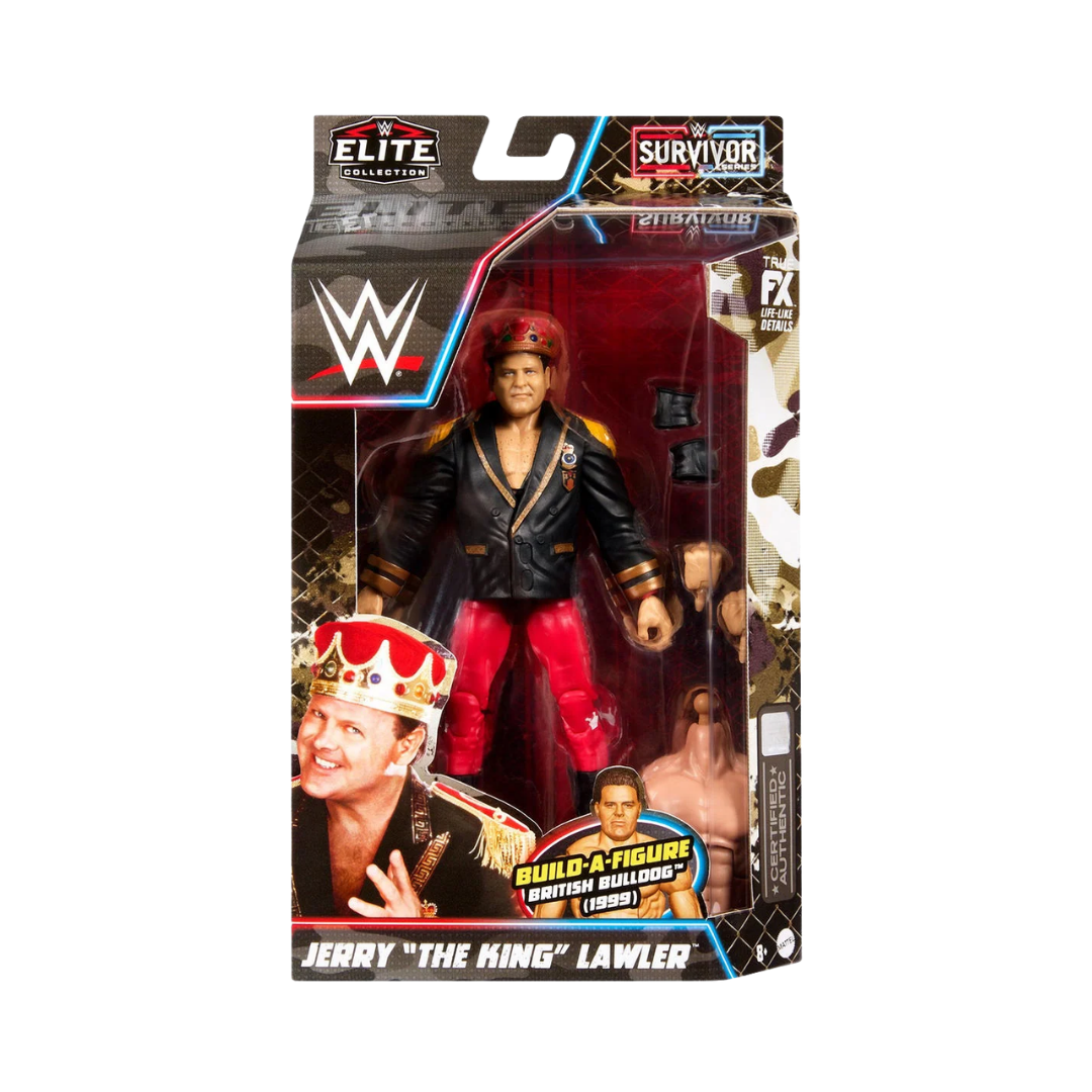 WWE Elite Survivor Series “The King” Lawler action figure, black jacket and red pants