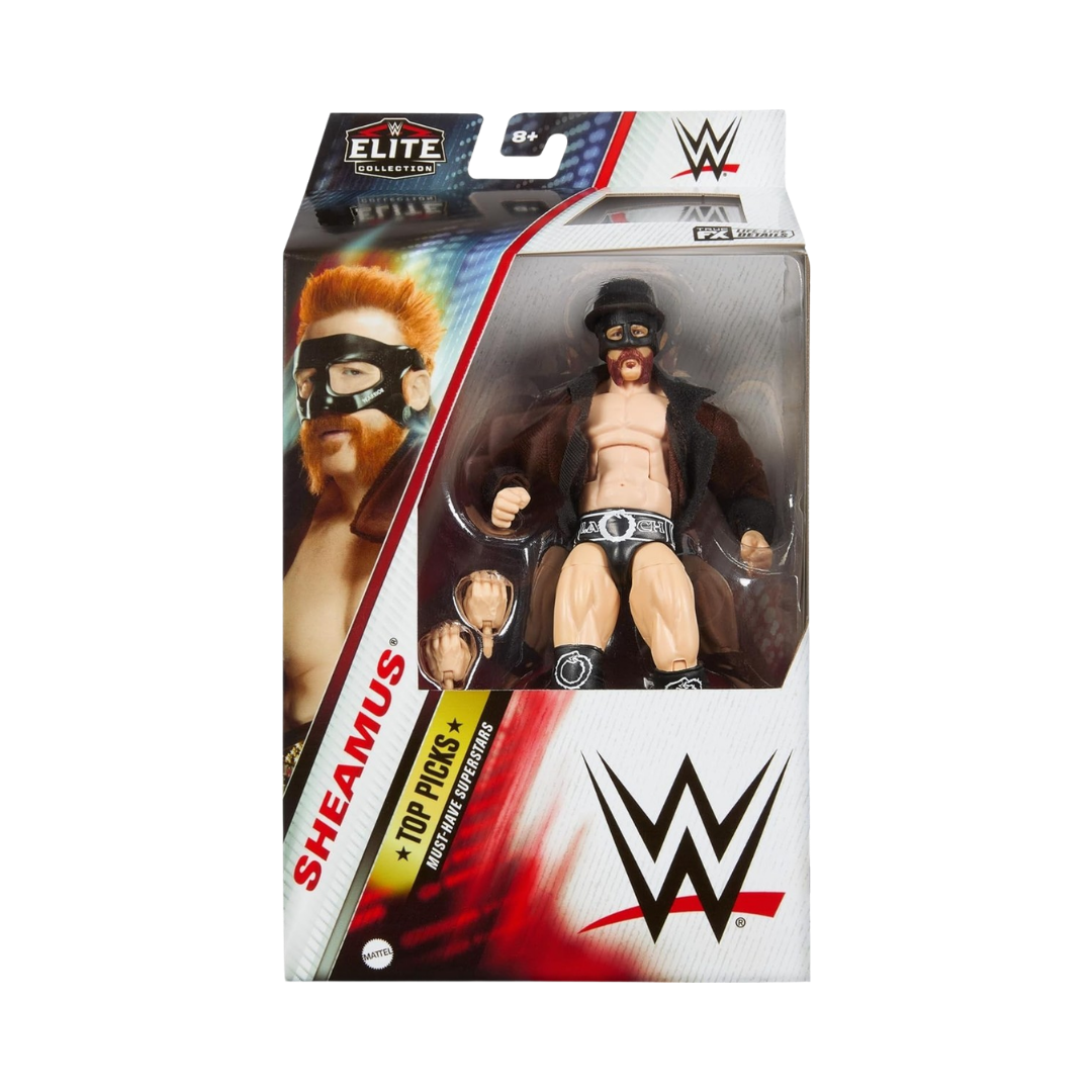WWE Elite Sheamus action figure in retail display box with logo graphics