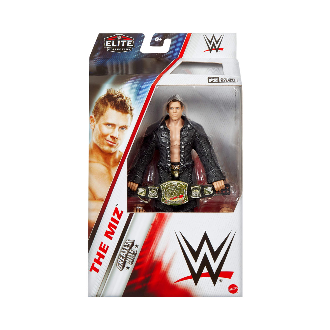 WWE Elite action figure of The Miz in black leather jacket, packaged in box