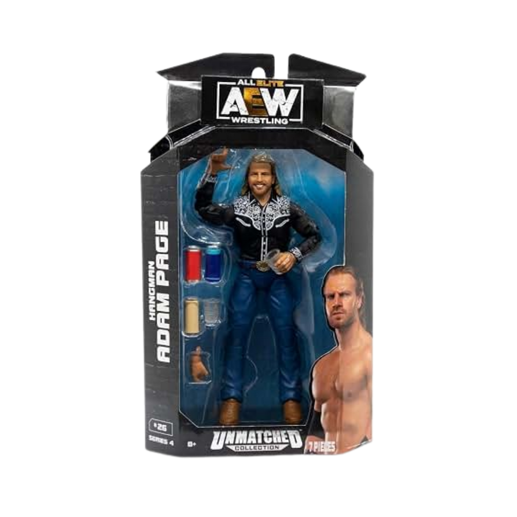 AEW Hangman Adam Page action figure in retail box, blue outfit, Unmatched Series 4