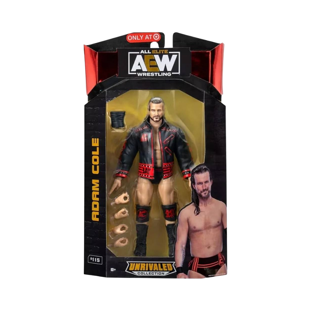 AEW wrestling action figure in display box, Adam Cole-themed outfit and logos