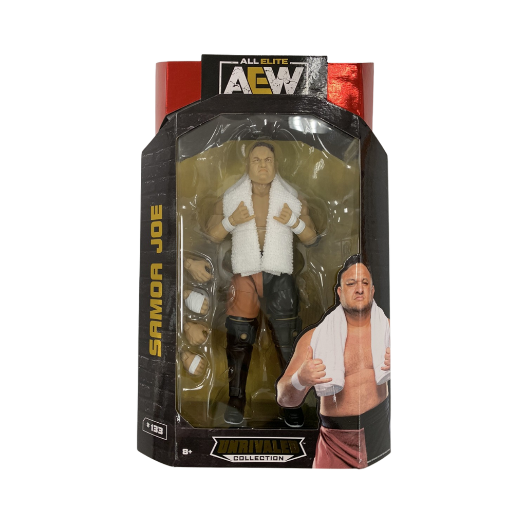 Samoa Joe AEW action figure in retail box, wearing black gear with white towel