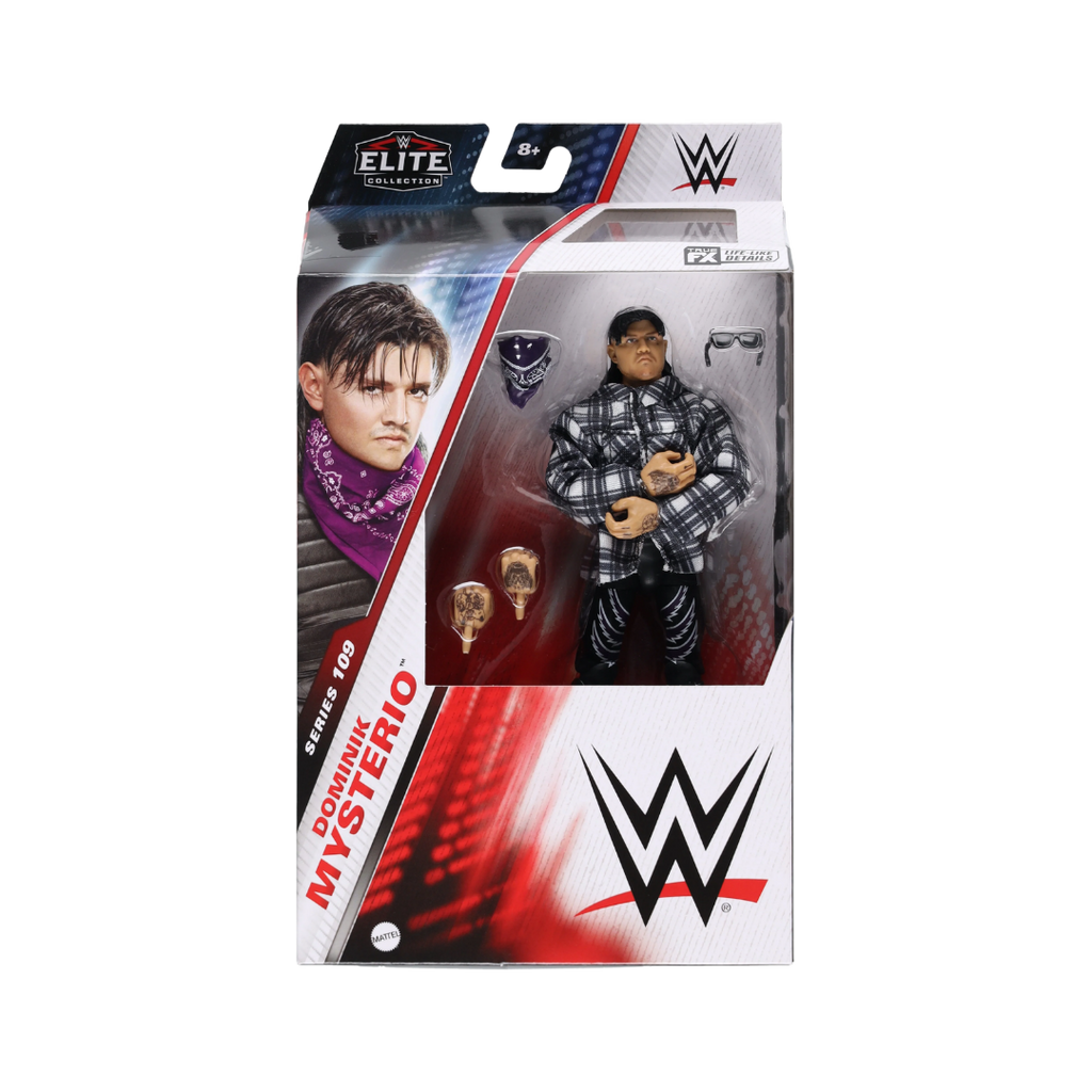 WWE Elite wrestling action figure in retail box, dark outfit with purple accents