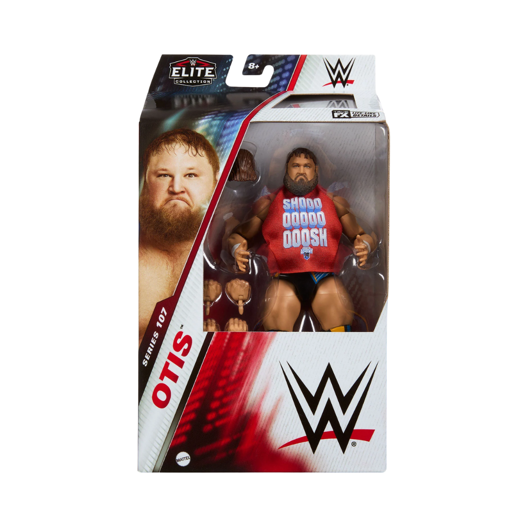 WWE Elite Otis action figure in window retail box, red and blue shirt
